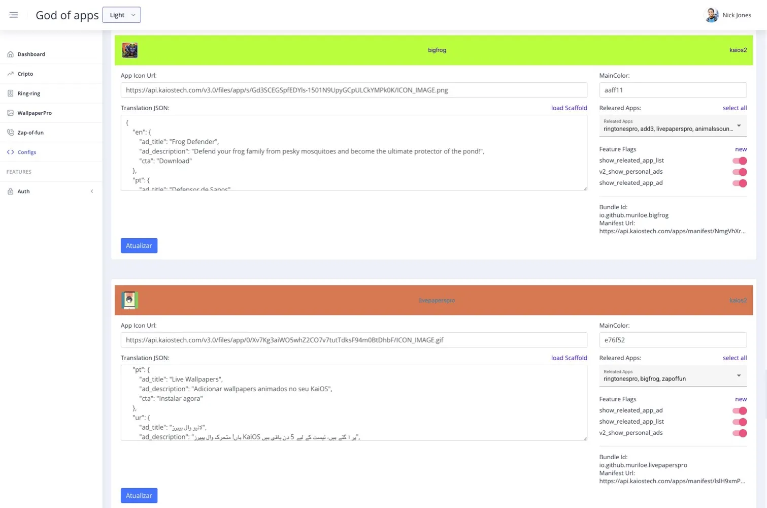 The backoffice panel where I configure each app's related apps and CTAs